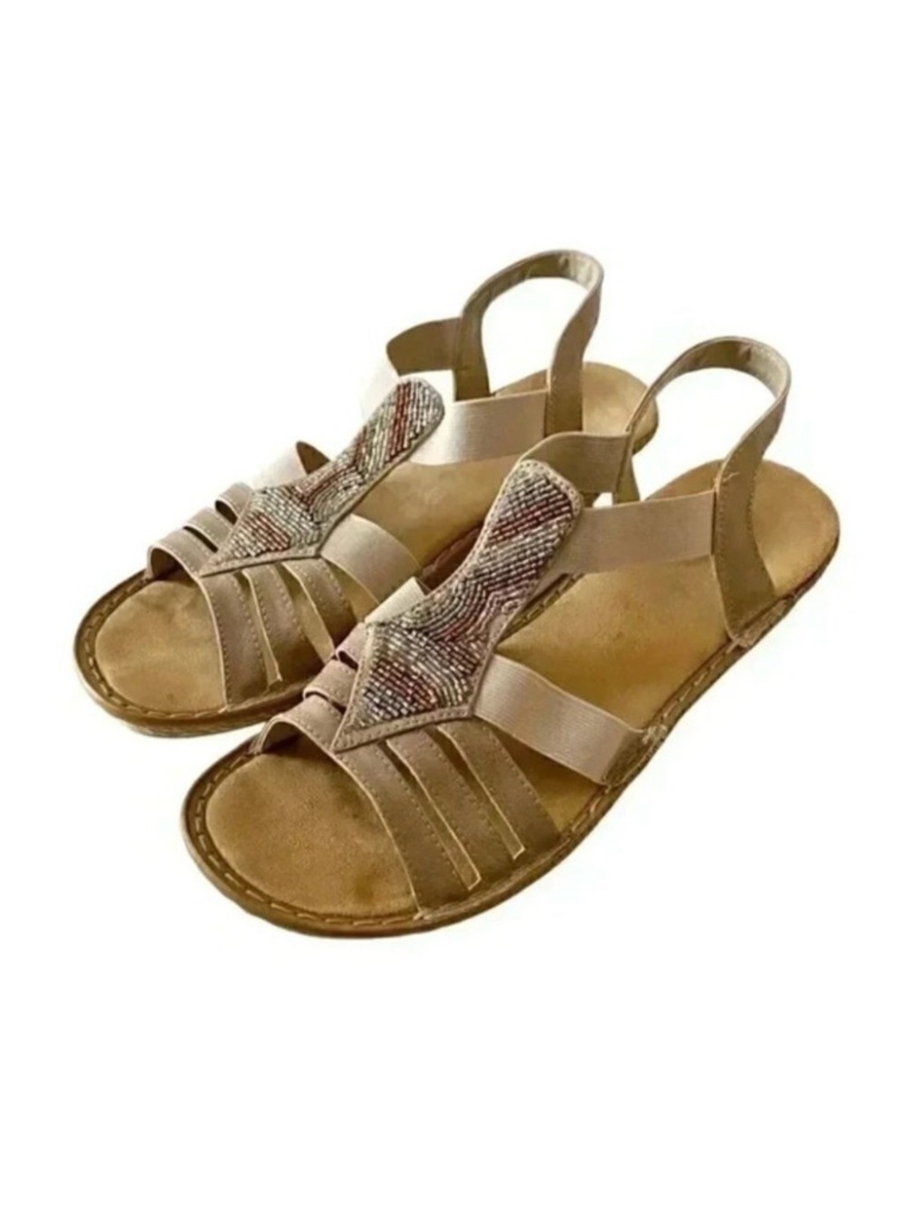 Rieker Comfort Tan Walking Sandals Strappy Beaded Wedge Size EU40 US9